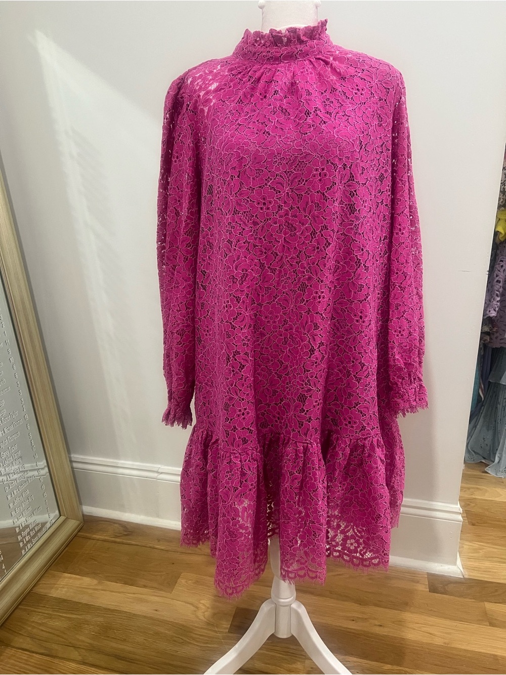 NWT J. Crew Fuchsia Lace Long Sleeve Ruffle-Hem Dress